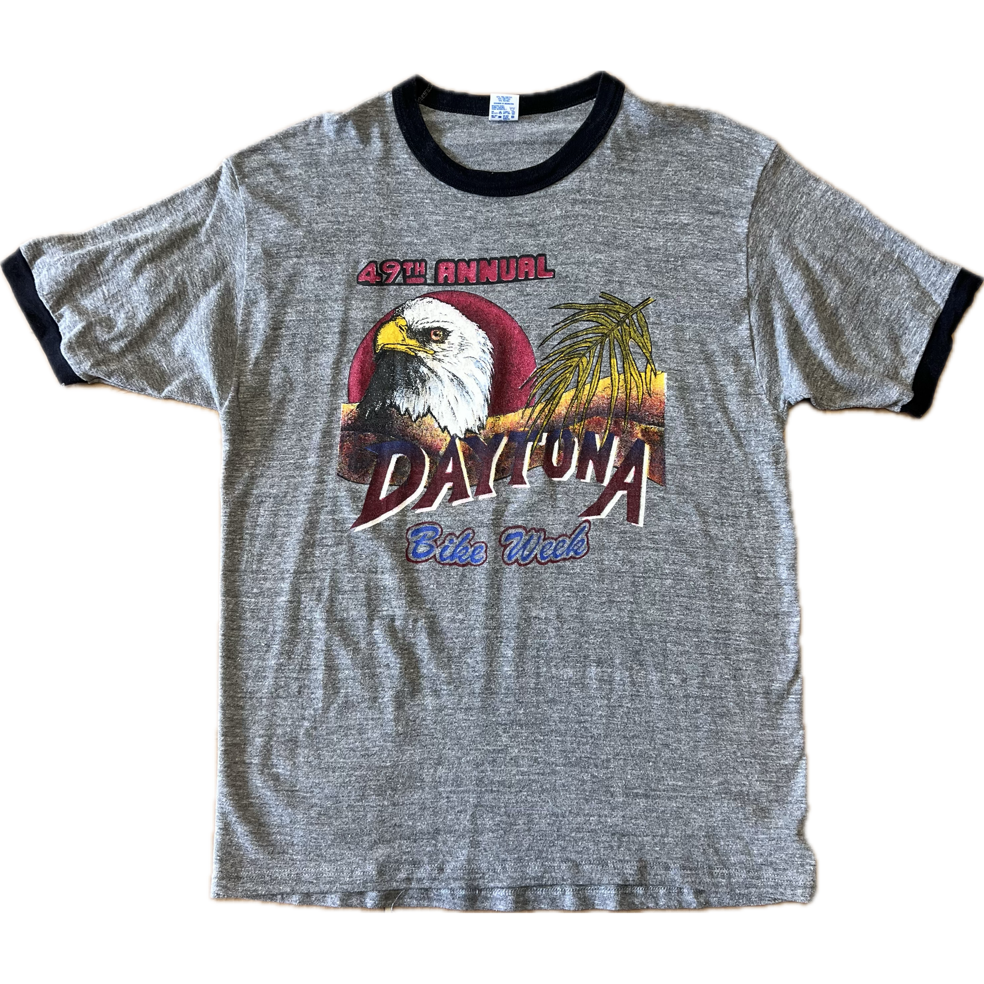 Vintage 1990 49th Annual Daytona Bike Week Double Sided Print Ringer Tee - Large - Heather Grey / Black