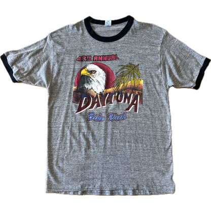 Vintage 1990 49th Annual Daytona Bike Week Double Sided Print Ringer Tee - Large - Heather Grey / Black