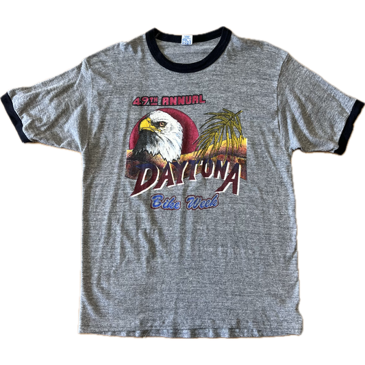 Vintage 1990 49th Annual Daytona Bike Week Double Sided Print Ringer Tee - Large - Heather Grey / Black