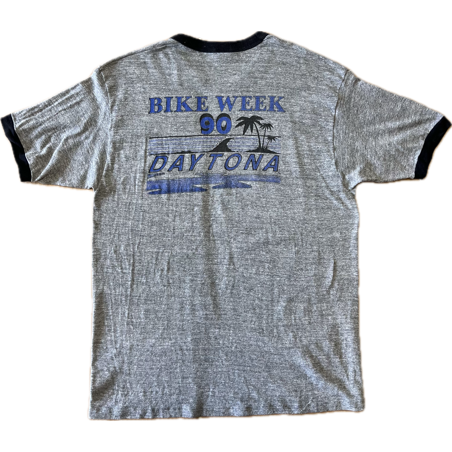 Vintage 1990 49th Annual Daytona Bike Week Double Sided Print Ringer Tee - Large - Heather Grey / Black