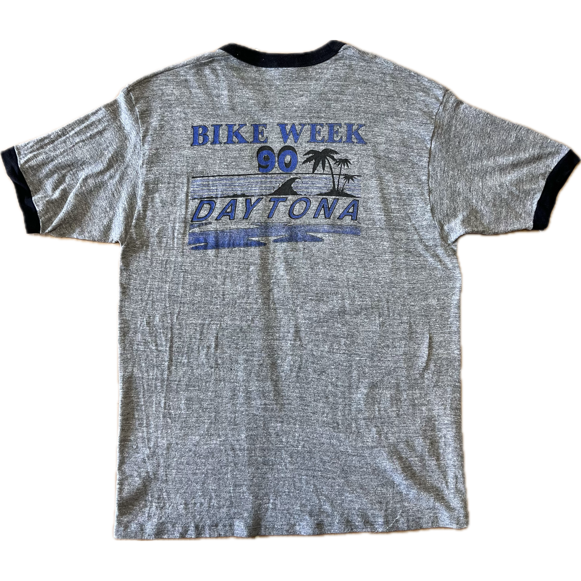 Vintage 1990 49th Annual Daytona Bike Week Double Sided Print Ringer Tee - Large - Heather Grey / Black