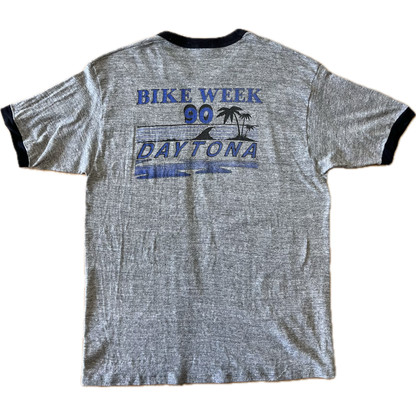 Vintage 1990 49th Annual Daytona Bike Week Double Sided Print Ringer Tee - Large - Heather Grey / Black