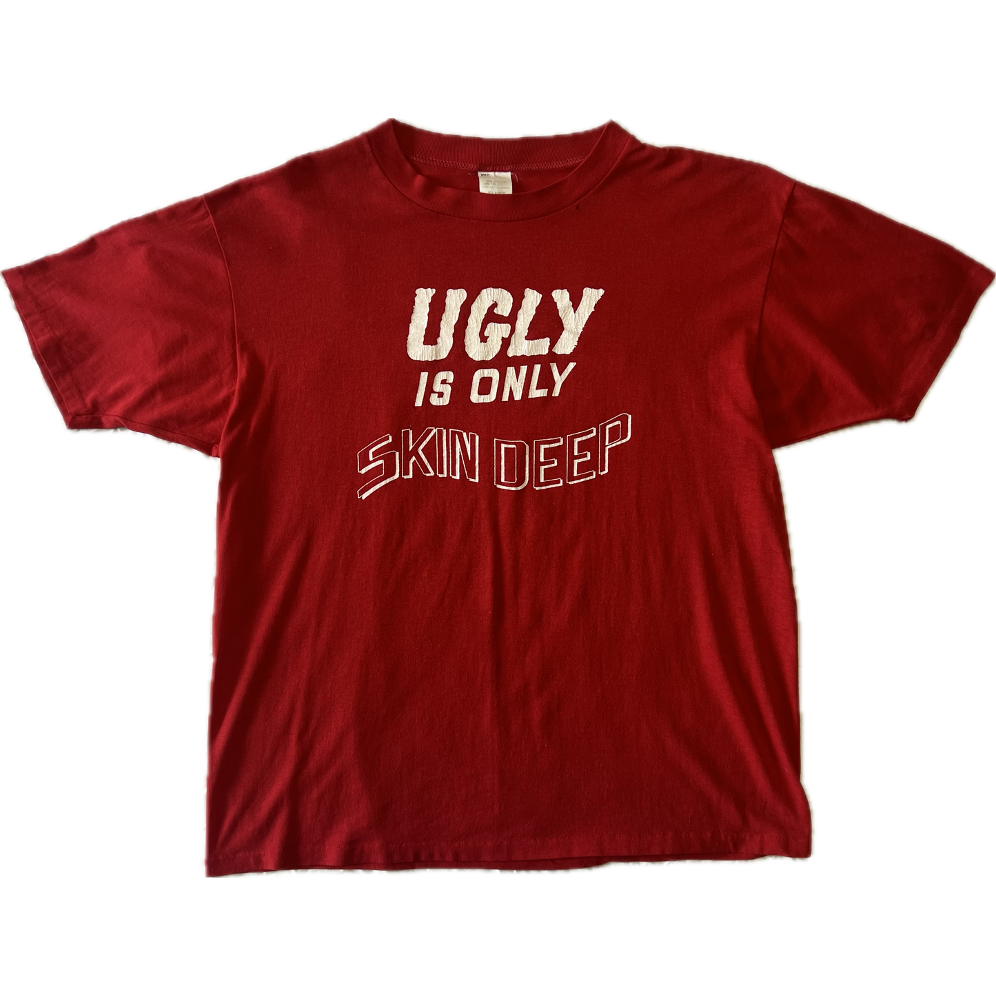 Vintage 1990s 3 Guys "Ugly Is Only Skin Deep" Double Sided Print Tee - Large - Red