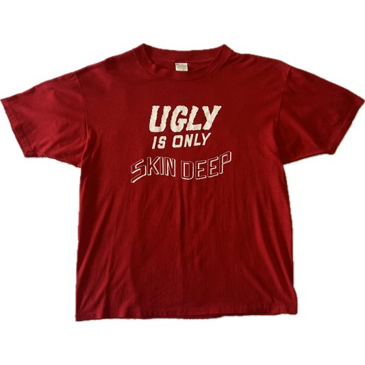 Vintage 1990s 3 Guys "Ugly Is Only Skin Deep" Double Sided Print Tee - Large - Red