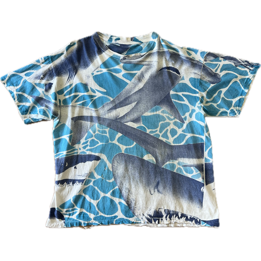Vintage 1990s All Over Print Sharks Tee - X-Large - White / Blue