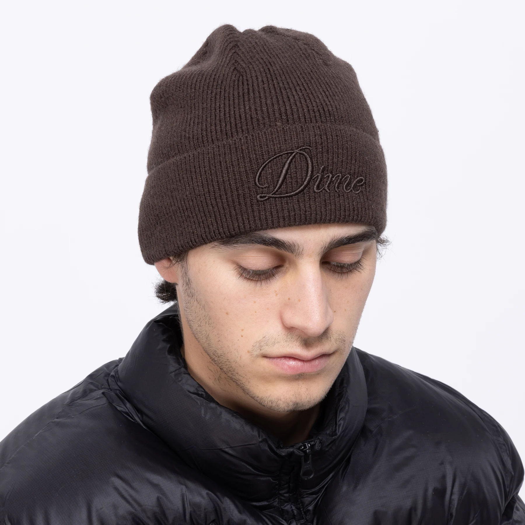 Dime Cursive Wool Fold Beanie Dark Brown