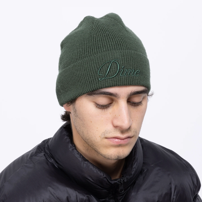 Dime Cursive Wool Fold Beanie Forest Green