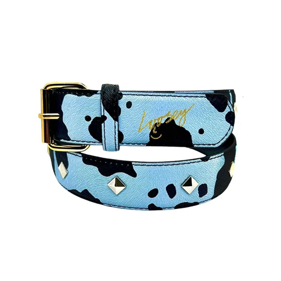 Loosey Studded Moosey Cow Print Belt Baby Blue