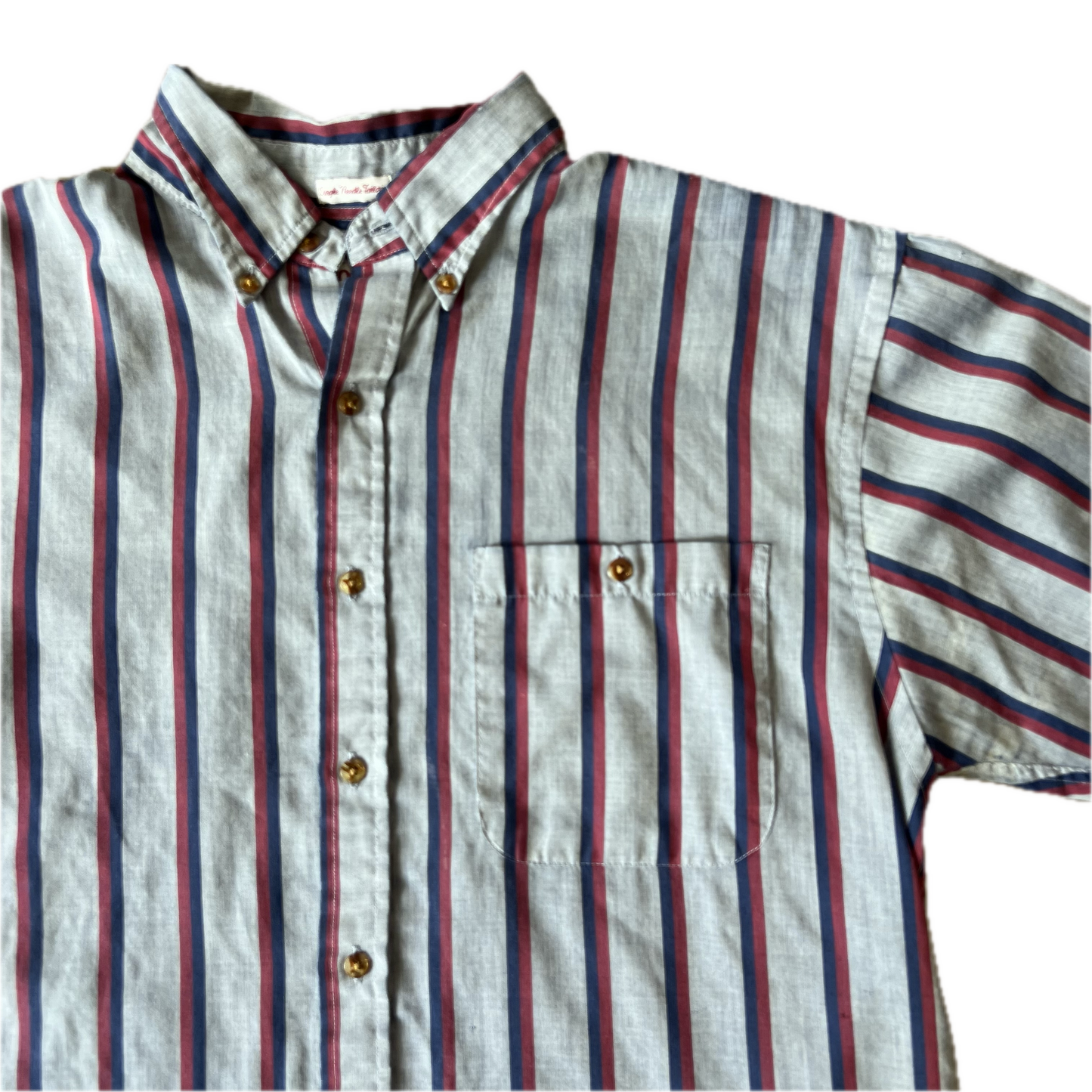 Vintage 1990s Manhattan Short Sleeve Button Up Shirt - Large - Chambray / Blue / Red Stripes