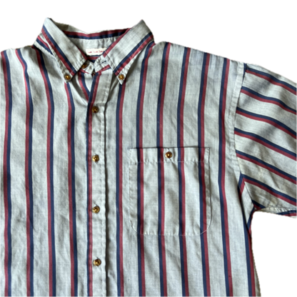 Vintage 1990s Manhattan Short Sleeve Button Up Shirt - Large - Chambray / Blue / Red Stripes