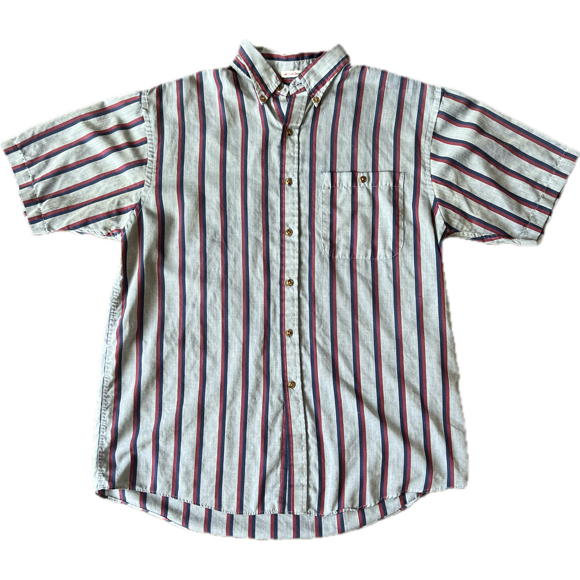 Vintage 1990s Manhattan Short Sleeve Button Up Shirt - Large - Chambray / Blue / Red Stripes