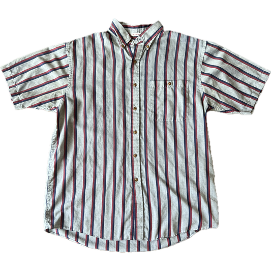 Vintage 1990s Manhattan Short Sleeve Button Up Shirt - Large - Chambray / Blue / Red Stripes