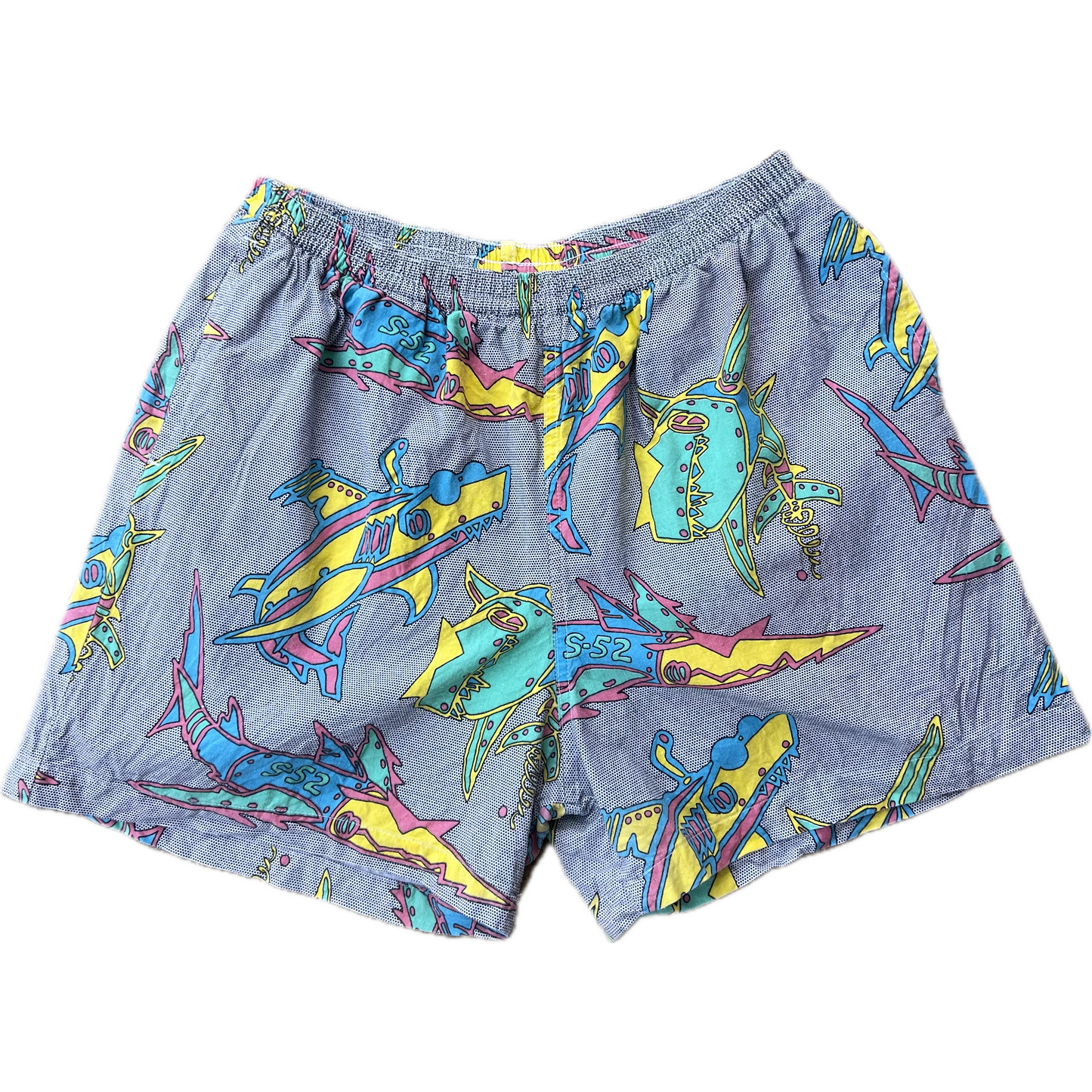 Vintage 1990s Maui & Sons Swim Trunks - Small - Black / White / Sharks All Over Print