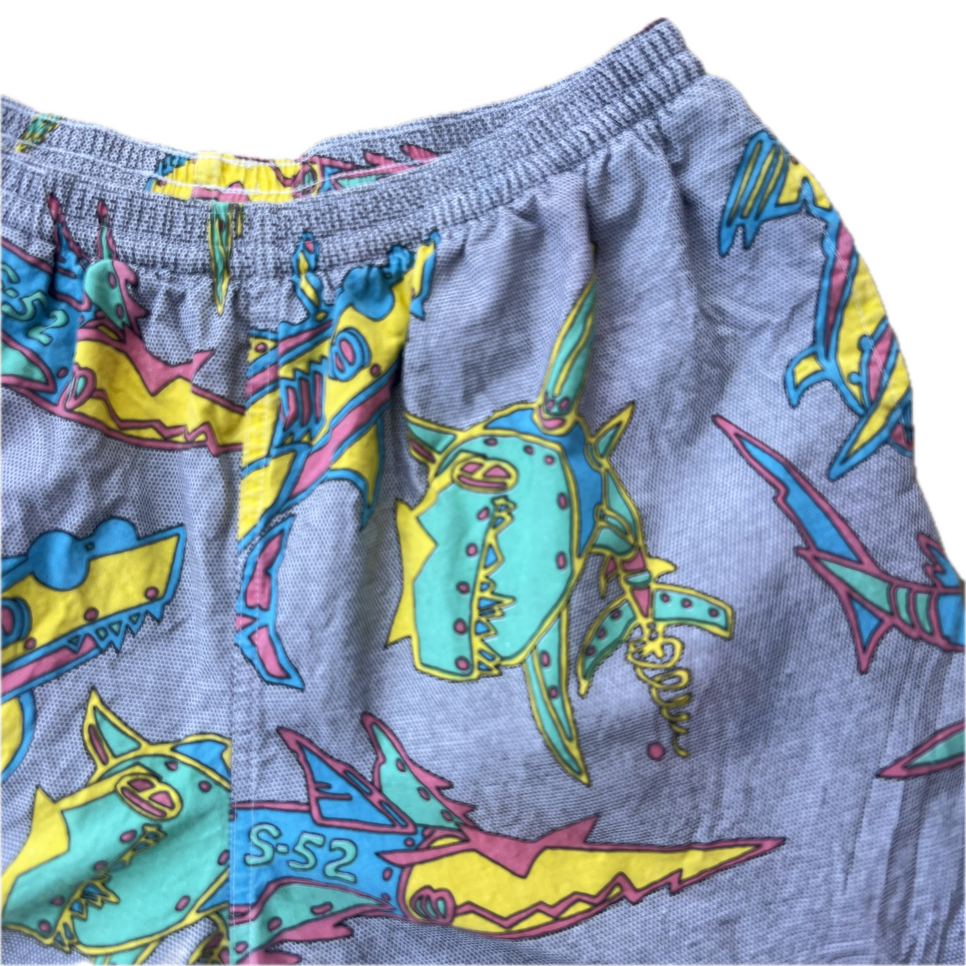 Vintage 1990s Maui & Sons Swim Trunks - Small - Black / White / Sharks All Over Print