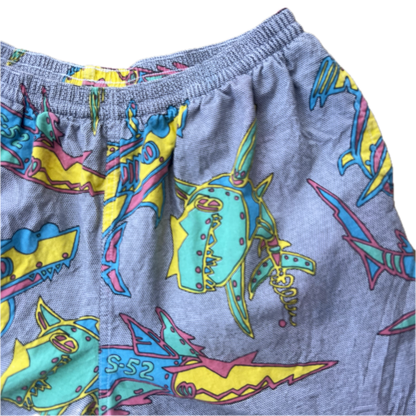 Vintage 1990s Maui & Sons Swim Trunks - Small - Black / White / Sharks All Over Print