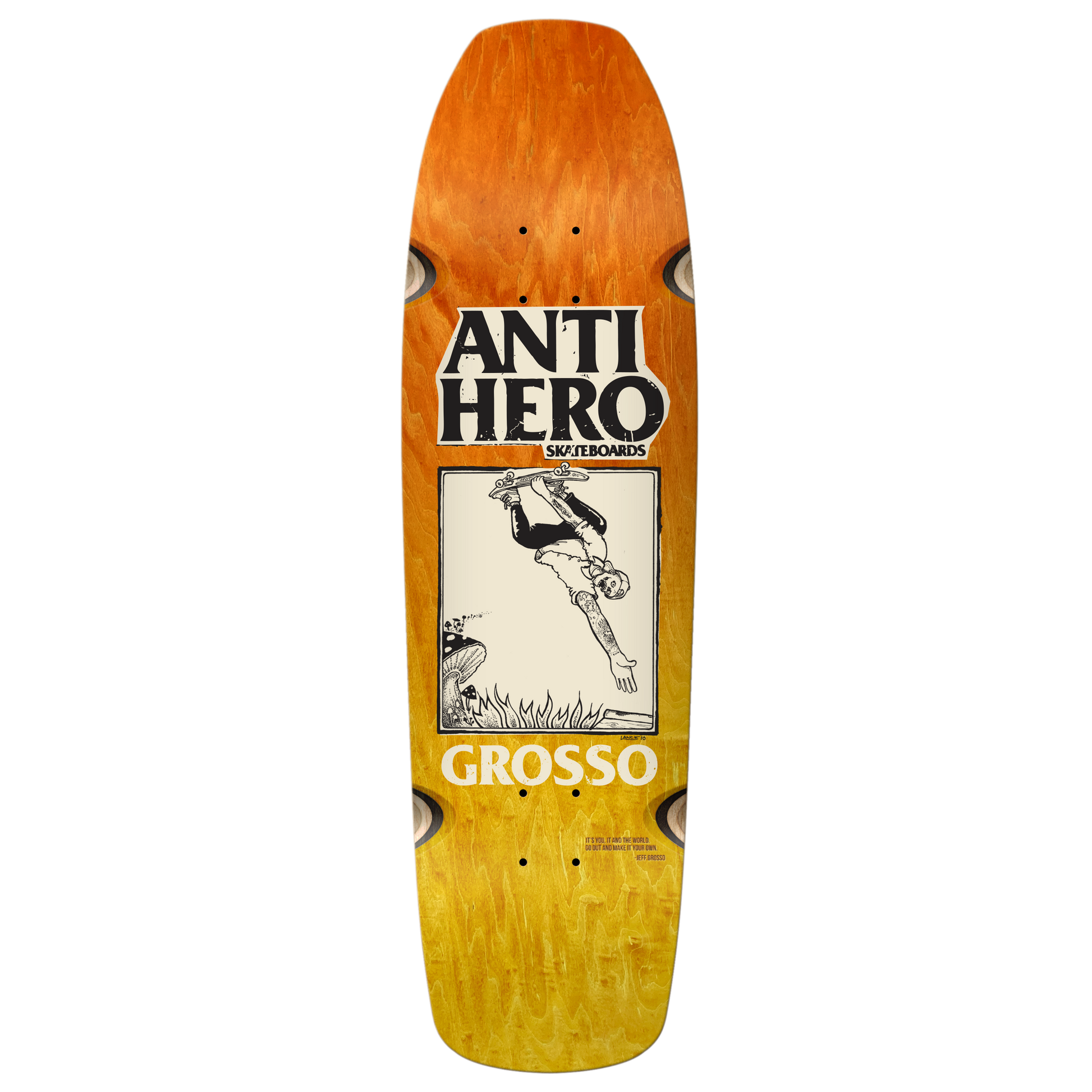 Anti Hero Skateboards Skate Shop Day 2025 Jeff Grosso "Hand Plant" By Lance Mountain "Old Guy Square Edge" Deck With Wheel Wells 9.25" Orange / Yellow Fade