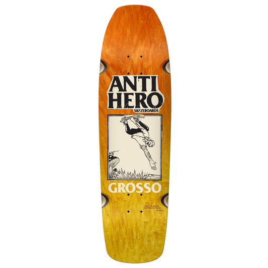 Anti Hero Skateboards Skate Shop Day 2025 Jeff Grosso "Hand Plant" By Lance Mountain "Old Guy Square Edge" Deck With Wheel Wells 9.25" Orange / Yellow Fade